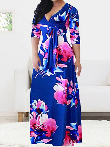 Loose Long Dress With Belt Deep V-neck Stripe Printed Maxi Dress 3/4 Sleeves V-neck Printed Maxi High Waist Wrap Floral Dress As