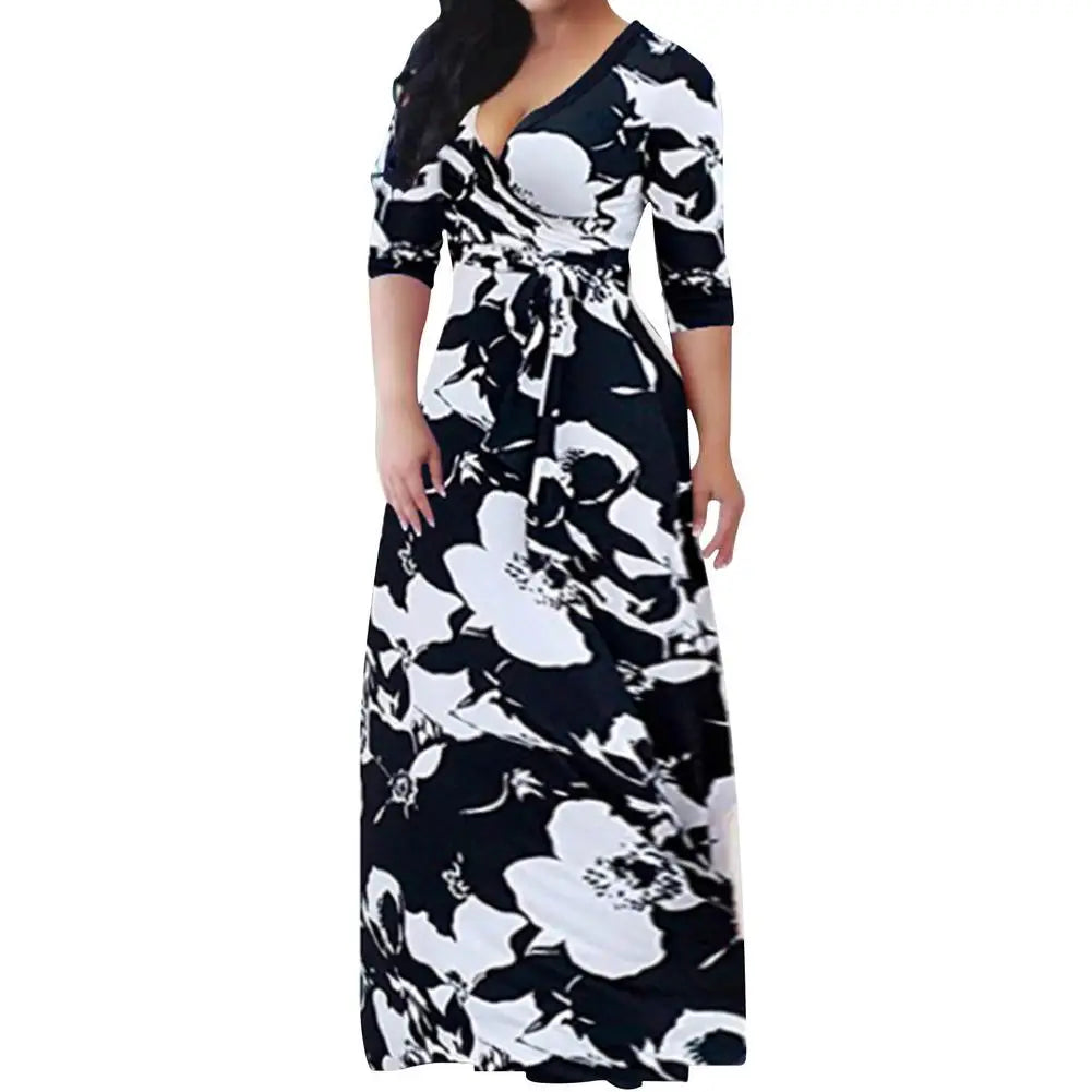 Loose Long Dress With Belt Deep V-neck Stripe Printed Maxi Dress 3/4 Sleeves V-neck Printed Maxi High Waist Wrap Floral Dress As