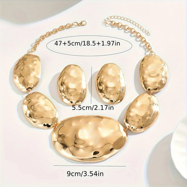 Lxalry 3 fashionable, elegant, exaggerated metal style, geometric oval shape, trendy European and American necklace earrings set