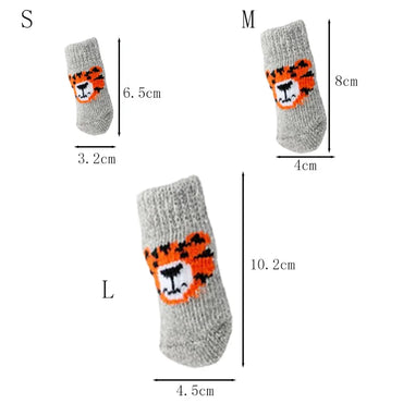 4Pcs Winter Pet Dog Socks Anti Slip Warm Knit Tiger Design Paw Protector Booties for Cats Dogs Indoor Outdoor Xmas Gift Dog Sock