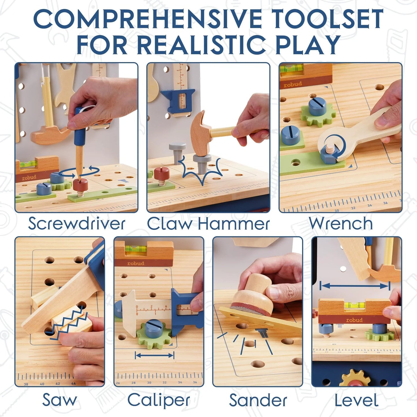 Robotime Robud Wooden Toy Workbench Large Kid's Wooden Play Tool Pretend Play Creative Building Set Gift for Girls & Boys 3+