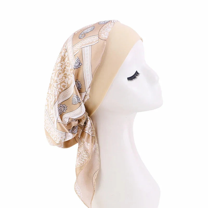 Satin printed headscarf hat for women, elastic wide brimmed nightcap with straps, pirate headband hat