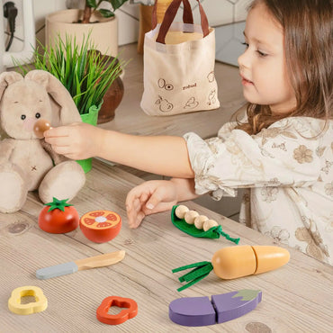 ROBUD Wooden Pretend Play Food Set Cutting Toy Food Play Kitchen Accessories Toy Food with Storage Bag Toys Gifts for Girls Boys
