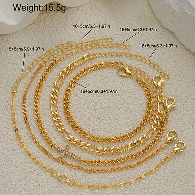 5pcs Fashion Zircon Cross Charm Bracelet Set Elegant High Quality Gold Color Multilayer Bracelets For Women Daily Wear Jewelry