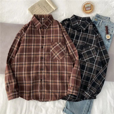 Plaid Shirts Vintage Long Sleeve Oversize Button Up Shirt Korean Fashion Casual Single Breasted Button Blouse Fall Outwear Tops