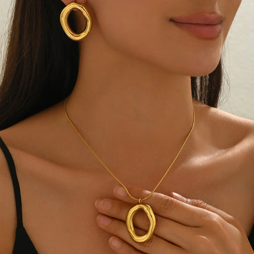 Lxalry 18K Gold Plated Set, Hypoallergenic Necklace & Earrings, Mirror Polish, Organic Round Design, Adjustable