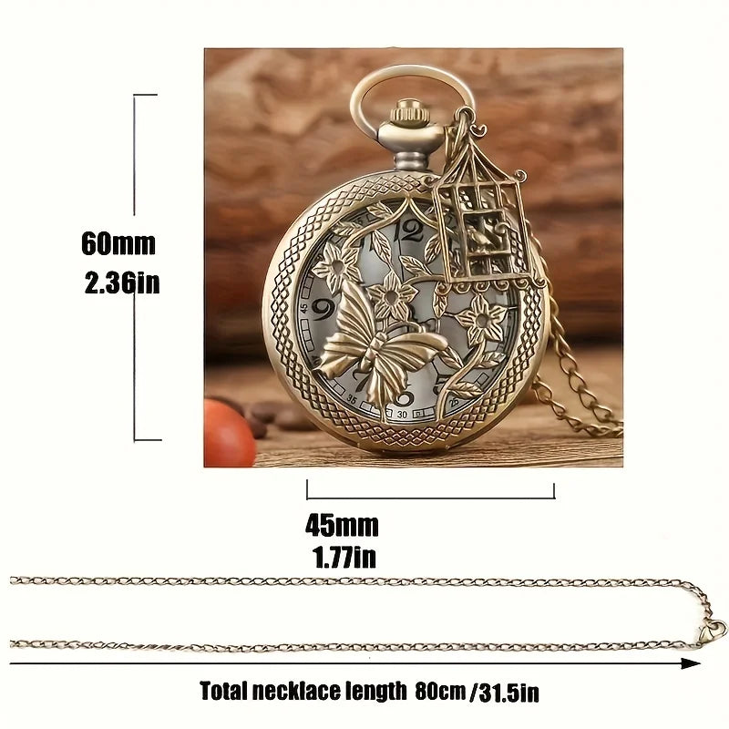 Exquisite Vintage Bronze Hollow Butterfly With Birdcage Pendant Quartz Pocket Watch with Necklace Chain Gift Men Women Clock