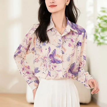 Fashion Korean Casual Women's Long Sleeve Butterfly and Flower Printed Shirt Office Lady Tops