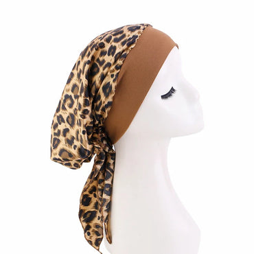 Satin printed headscarf hat for women, elastic wide brimmed nightcap with straps, pirate headband hat
