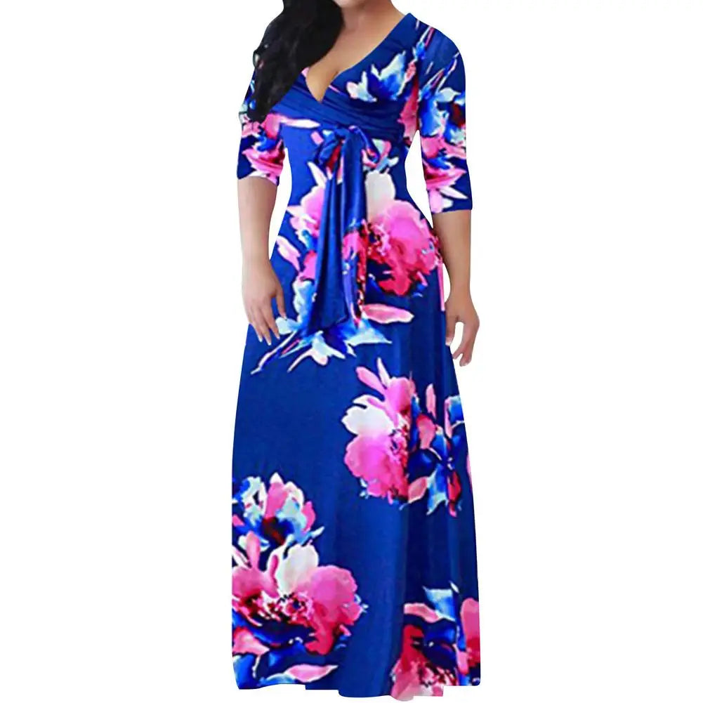 Loose Long Dress With Belt Deep V-neck Stripe Printed Maxi Dress 3/4 Sleeves V-neck Printed Maxi High Waist Wrap Floral Dress As
