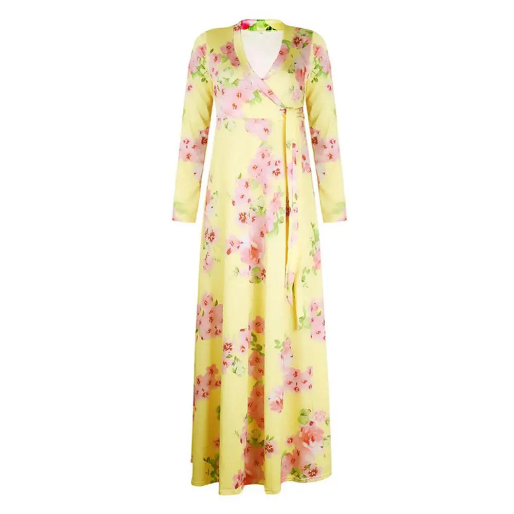 Loose Long Dress With Belt Deep V-neck Stripe Printed Maxi Dress 3/4 Sleeves V-neck Printed Maxi High Waist Wrap Floral Dress As