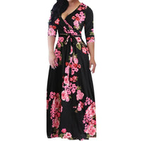 Loose Long Dress With Belt Deep V-neck Stripe Printed Maxi Dress 3/4 Sleeves V-neck Printed Maxi High Waist Wrap Floral Dress As