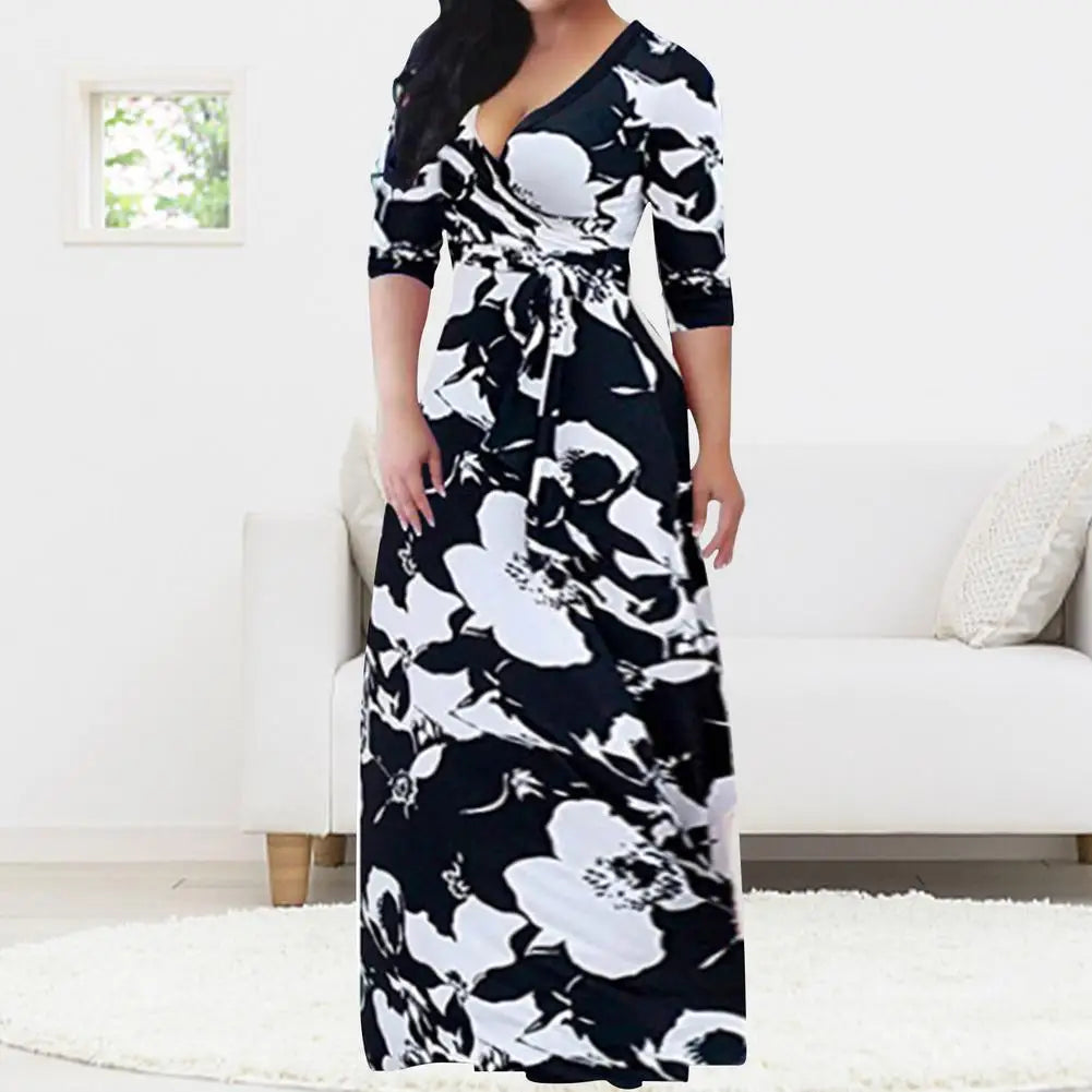 Loose Long Dress With Belt Deep V-neck Stripe Printed Maxi Dress 3/4 Sleeves V-neck Printed Maxi High Waist Wrap Floral Dress As
