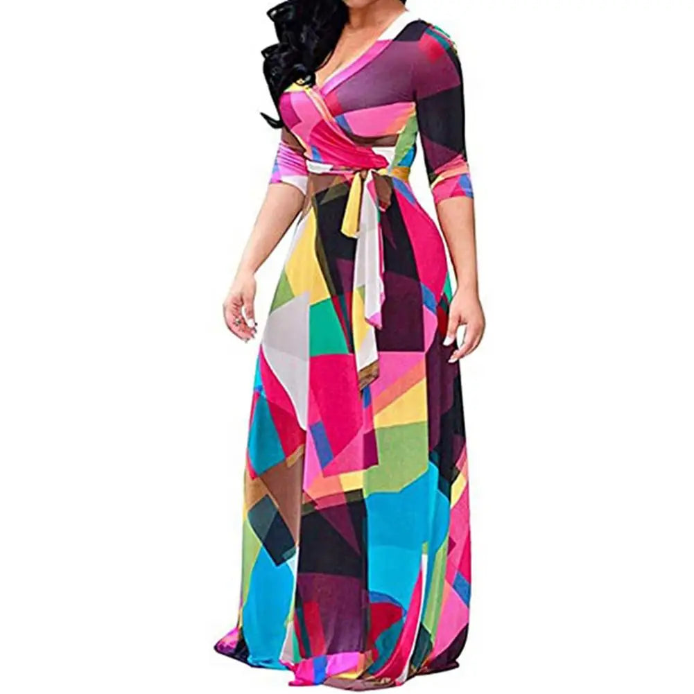 Loose Long Dress With Belt Deep V-neck Stripe Printed Maxi Dress 3/4 Sleeves V-neck Printed Maxi High Waist Wrap Floral Dress As