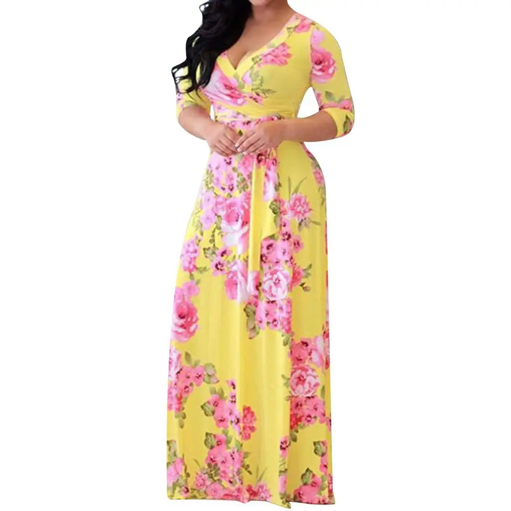 Loose Long Dress With Belt Deep V-neck Stripe Printed Maxi Dress 3/4 Sleeves V-neck Printed Maxi High Waist Wrap Floral Dress As