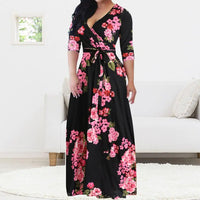 Loose Long Dress With Belt Deep V-neck Stripe Printed Maxi Dress 3/4 Sleeves V-neck Printed Maxi High Waist Wrap Floral Dress As