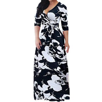 Loose Long Dress With Belt Deep V-neck Stripe Printed Maxi Dress 3/4 Sleeves V-neck Printed Maxi High Waist Wrap Floral Dress As