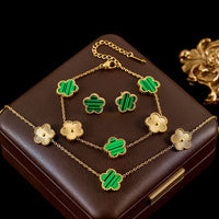 Stainless Steel White Plum Blossom Plant Leaf Flower Set Reversible Necklace Earrings Bracelet Women Clover Jewelry