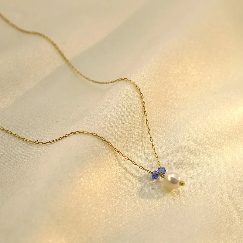 French Baroque Color Fading Blue Stone Pearl Necklace Autumn and Winter 316 Material Necklace Water Drop Female Clavicle Chain