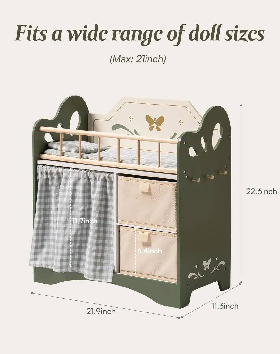 Robotime robud Baby Doll Bed with Storage and Bedding ice Gift of Doll Beds for 18 Inch Dolls to Children for Girls Green