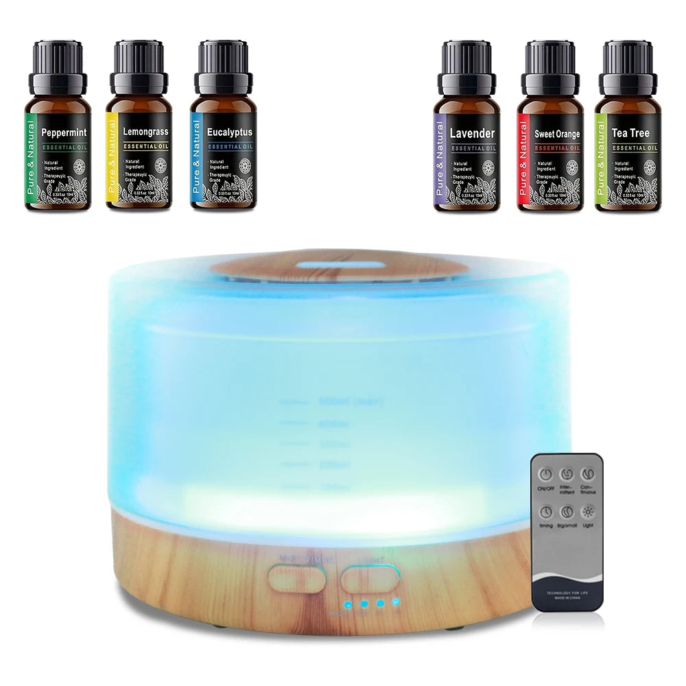 500ml Aromatherapy Essential Oil Diffuser Set with 6 Therapeutic Oils, 7 Color Changing LED Lights, Ultrasonic Cool Mist, Auto S