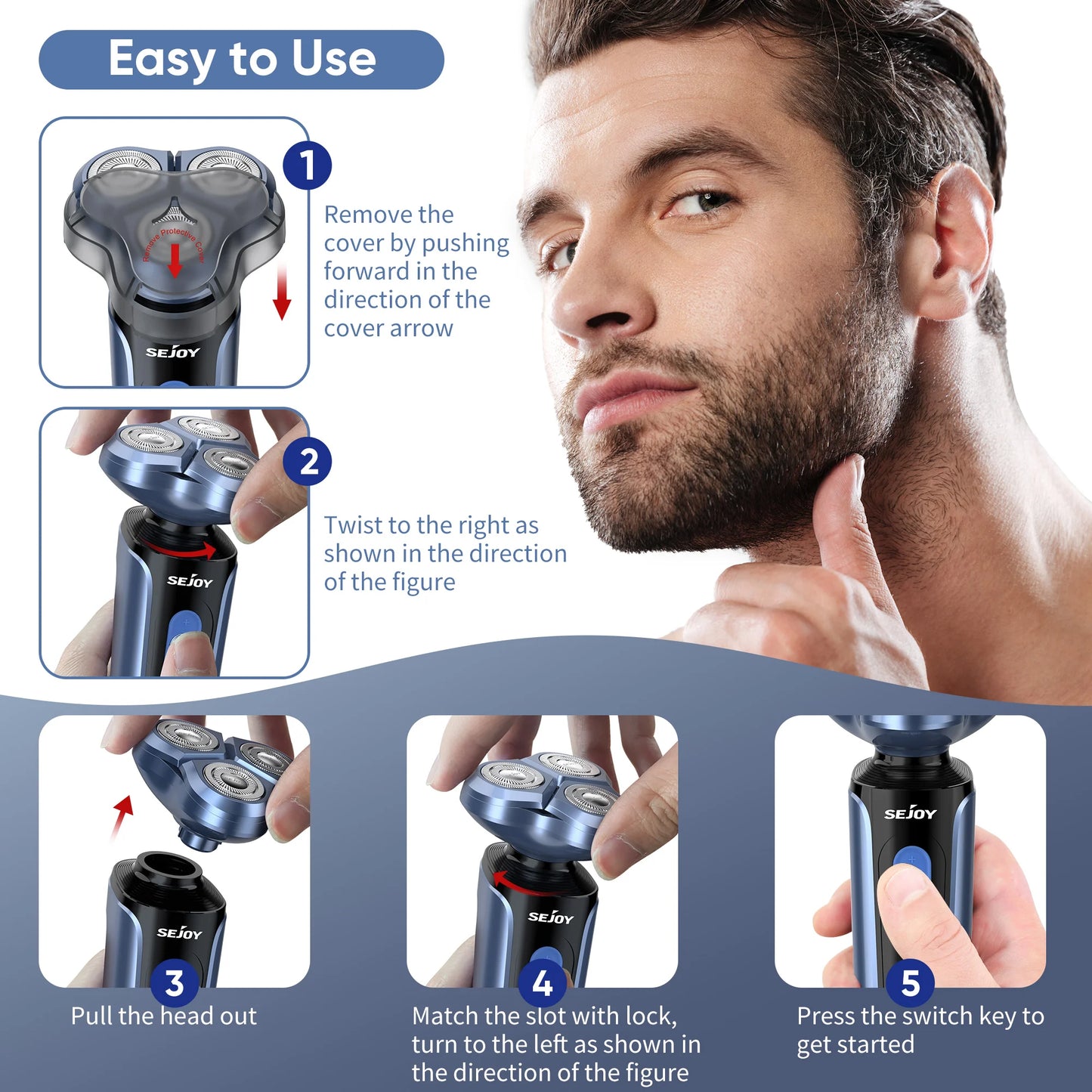 SEJOY Electric Shaver for Men,Hair Trimmer,Nose Hair Scissors,Facial Cleanser, Facial Massager Rechargeable Shaving Machine