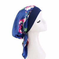 Satin printed headscarf hat for women, elastic wide brimmed nightcap with straps, pirate headband hat