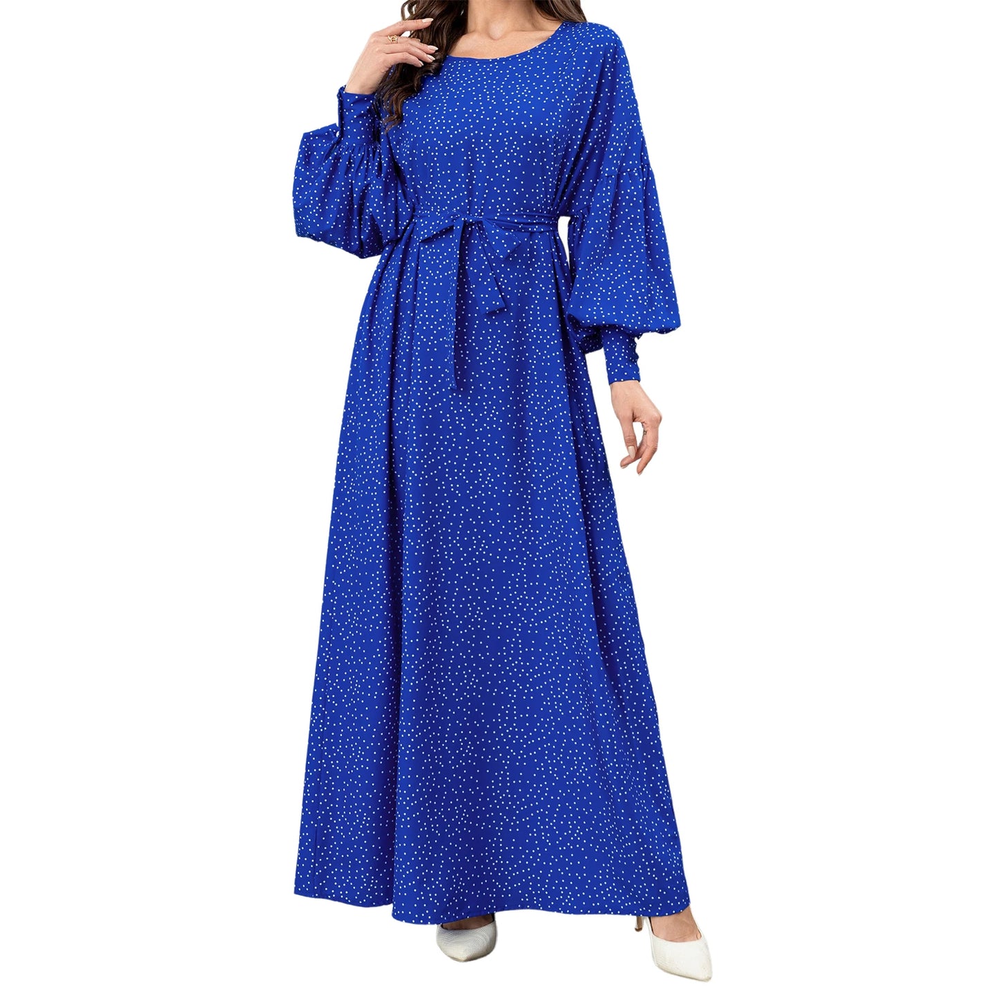 Elegant Moroccan Style Maxi Dress with Geometric Pattern Flowy Bell Sleeves and Flattering V-Neckline for Women