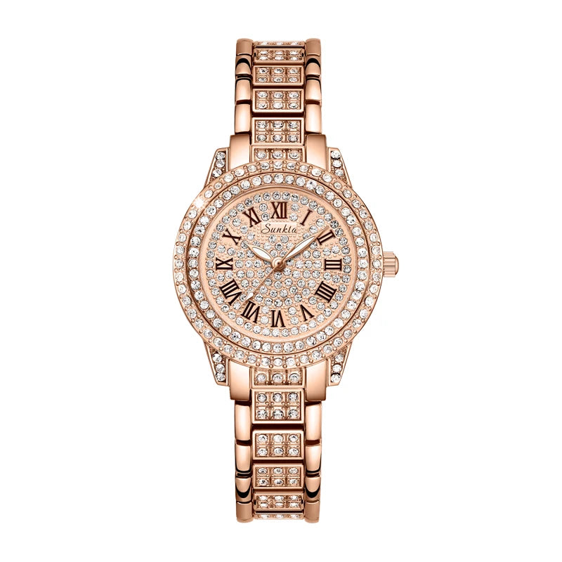 SUNKTA Women Wristwatches Relojes Para Mujer Luxury Classic Golden Watch Women Alloy Strap Round Rhinestone Dail Quartz Watches