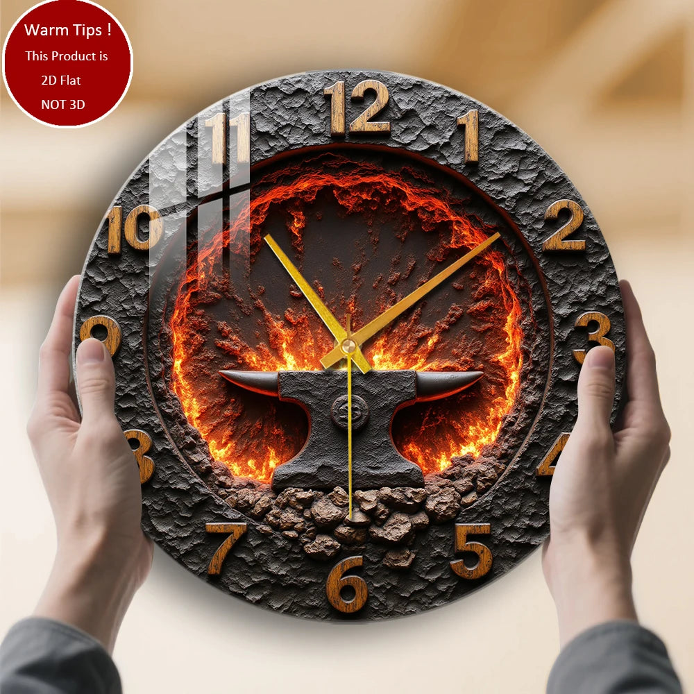 Tempered Glass Wall Clock Clock With Anvil Lava Fire Suitable For Wall Decor or Tabletop Display Anywhere