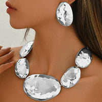 Lxalry 3 fashionable, elegant, exaggerated metal style, geometric oval shape, trendy European and American necklace earrings set
