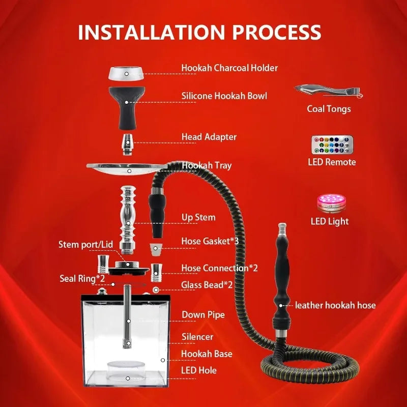 HOT 2 Hose Hookah – Square Hookah Chicha Set with Everything, Travel Hookah Kit with LED Lights and Portable Bag（Black）