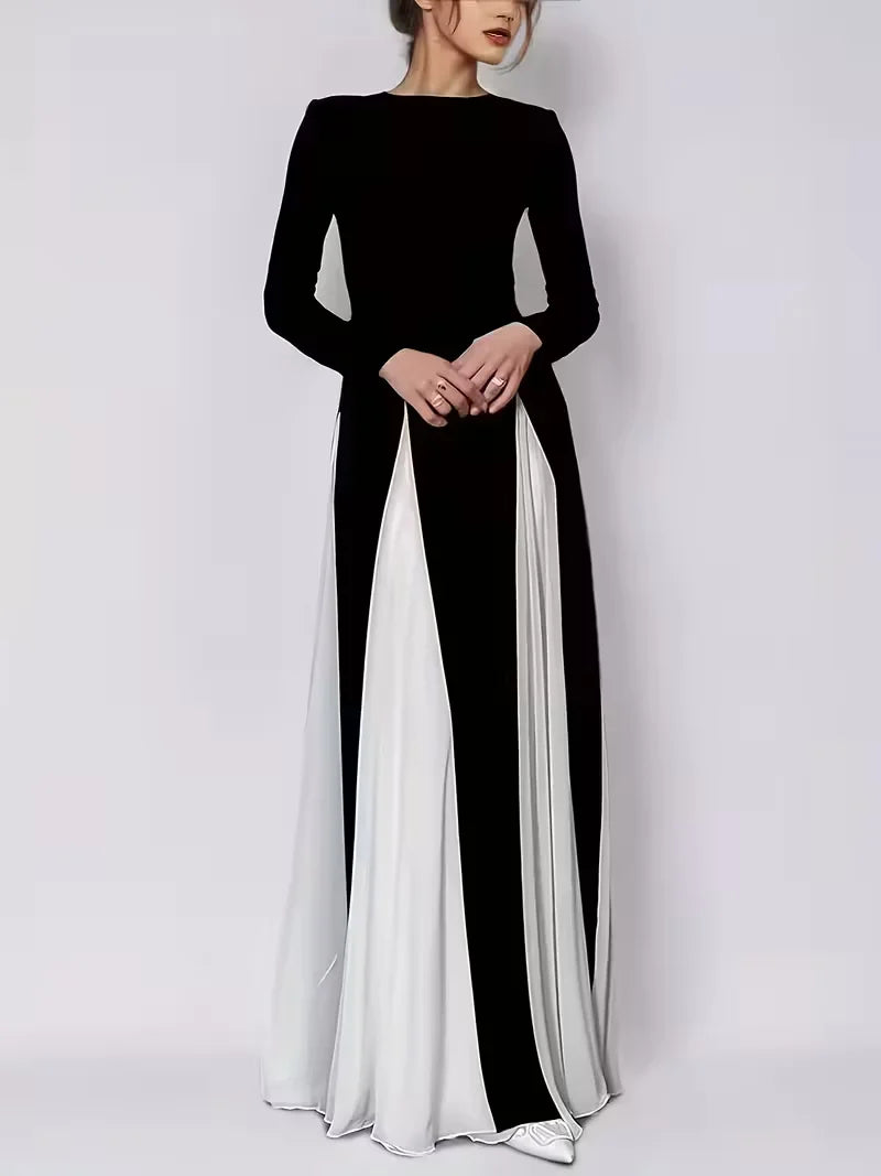 Womens Sexy Long Sleeve O Neck Colorblock A-Line Party Clubwear Long Dress