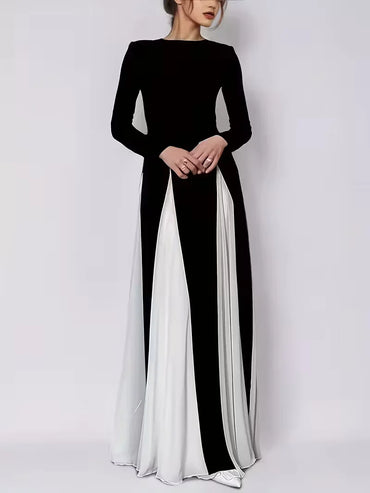 Womens Sexy Long Sleeve O Neck Colorblock A-Line Party Clubwear Long Dress