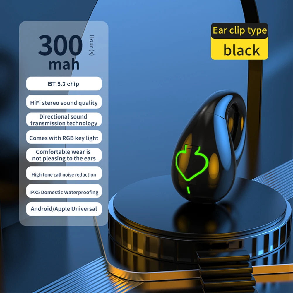 HIFI Stereo Wireless Headphones Bone Conduction Single Ear Clip Earphones IPX5 Waterproof Bluetooth-Compatible 5.3 Earbuds