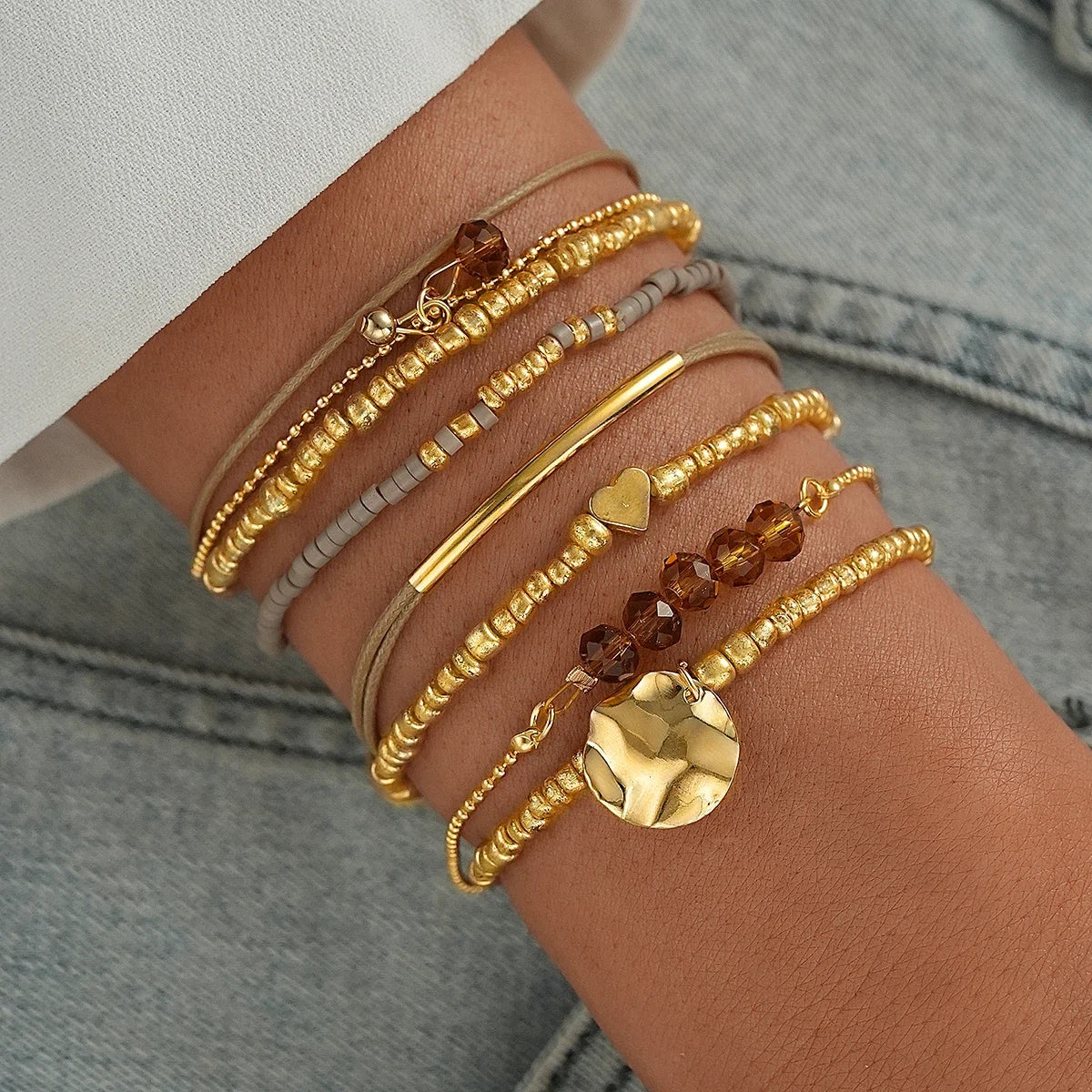 7Pcs/Set Bohemian Heart Beads Bracelets For Women Elegant Crystal Round Pendant Elastic Bracelets Set Fashion Party Jewelry Gift