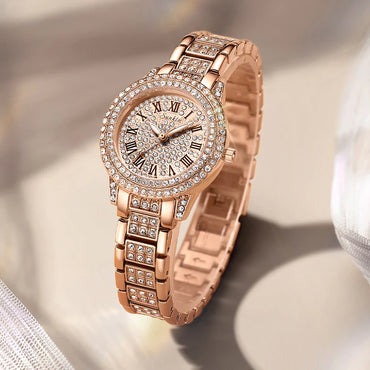 SUNKTA Women Wristwatches Relojes Para Mujer Luxury Classic Golden Watch Women Alloy Strap Round Rhinestone Dail Quartz Watches
