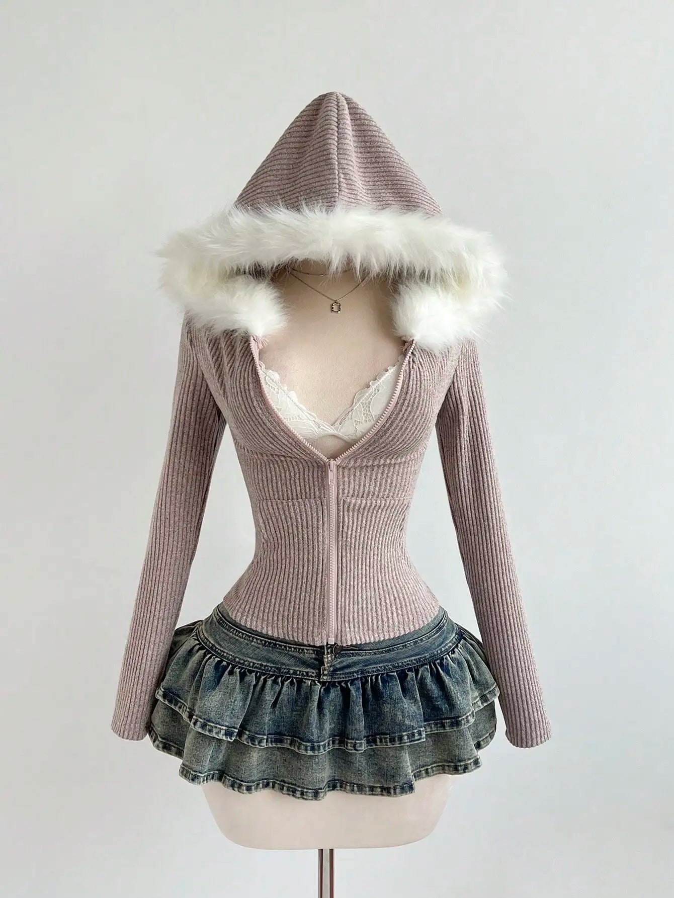 White Ribbed Knit Hoodie with Faux Fur Collar, Zip-Up, Fitted Long Sleeve for Casual Autumn Winter Wear