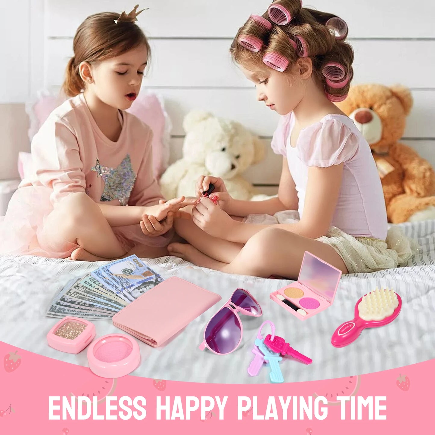 Girls Pretend Play Purse Toy Set | Polka Dot Bow Handbag with Makeup, Phone, Wallet & Accessories | Kids Role Play Gift