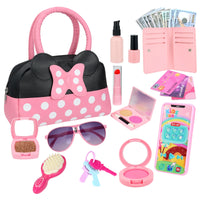 Girls Pretend Play Purse Toy Set | Polka Dot Bow Handbag with Makeup, Phone, Wallet & Accessories | Kids Role Play Gift