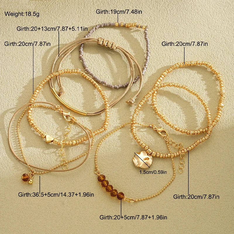 7Pcs/Set Bohemian Heart Beads Bracelets For Women Elegant Crystal Round Pendant Elastic Bracelets Set Fashion Party Jewelry Gift