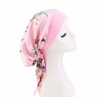 Satin printed headscarf hat for women, elastic wide brimmed nightcap with straps, pirate headband hat