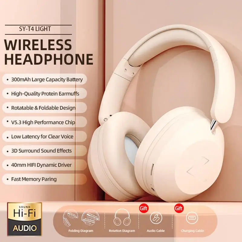 300mAh Wireless Bluetooth V5.3 Headset Eearphone With Mic Hands-free HIFI Stereo BT5.3 Over-Ear Headphone For Call And Music
