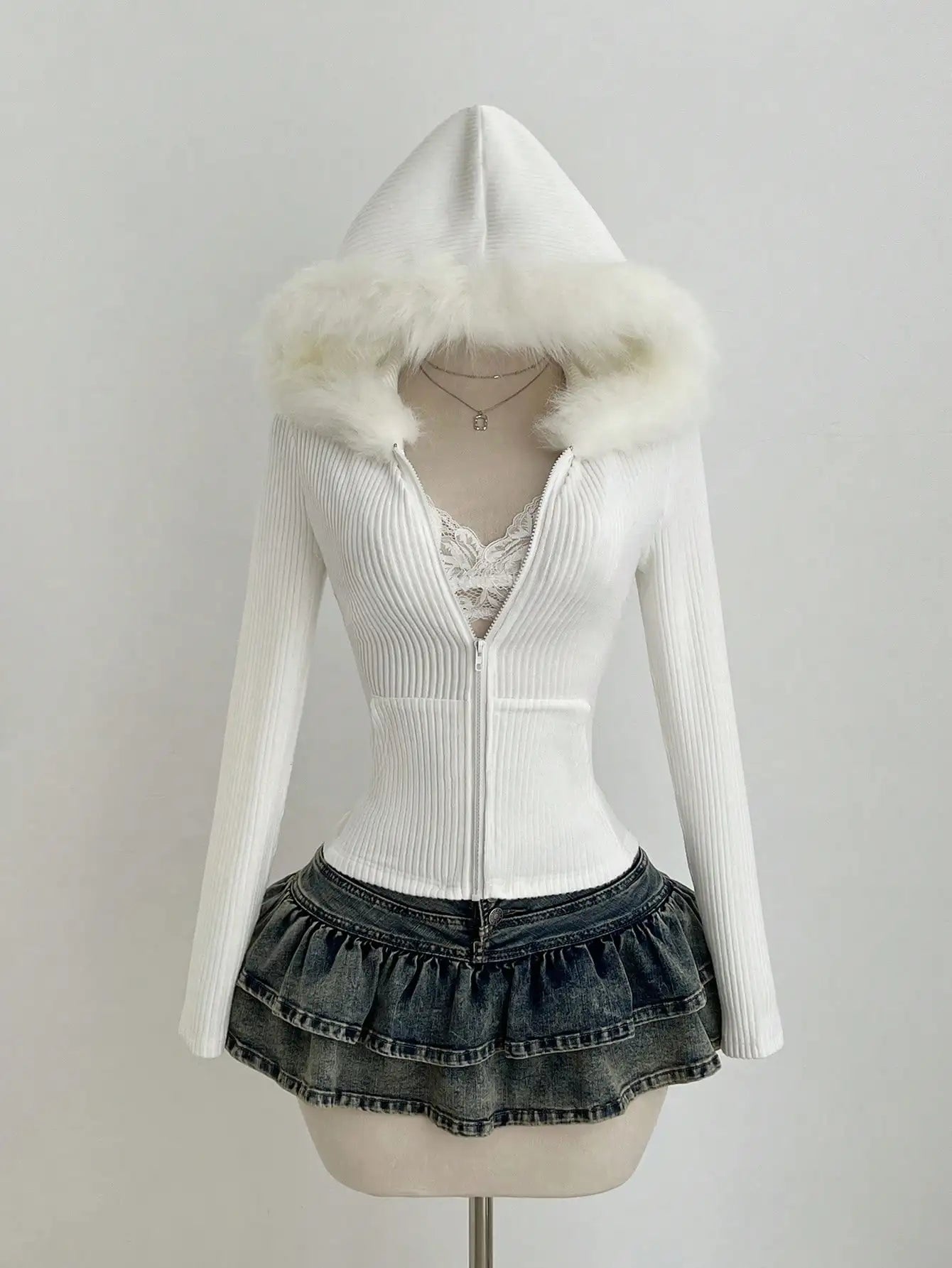 White Ribbed Knit Hoodie with Faux Fur Collar, Zip-Up, Fitted Long Sleeve for Casual Autumn Winter Wear