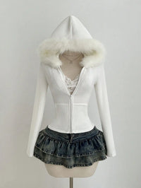 White Ribbed Knit Hoodie with Faux Fur Collar, Zip-Up, Fitted Long Sleeve for Casual Autumn Winter Wear
