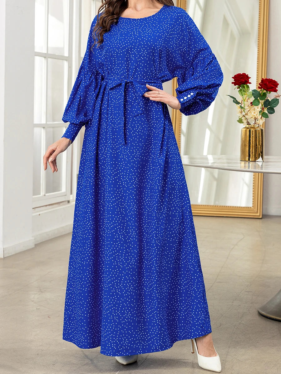 Elegant Moroccan Style Maxi Dress with Geometric Pattern Flowy Bell Sleeves and Flattering V-Neckline for Women