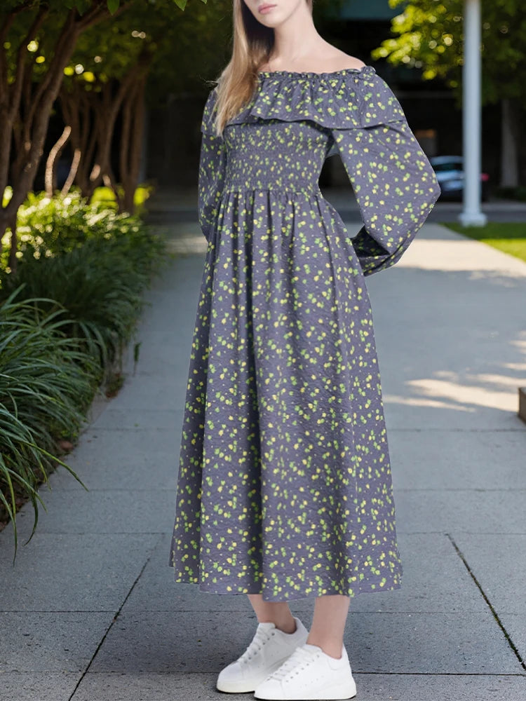 Boho Flower Print Dress Women Off Shoulder Long Sleeve Spring Summer A Line Dress Ladies Sweet Long Sundress Party Dresses