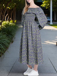 Boho Flower Print Dress Women Off Shoulder Long Sleeve Spring Summer A Line Dress Ladies Sweet Long Sundress Party Dresses