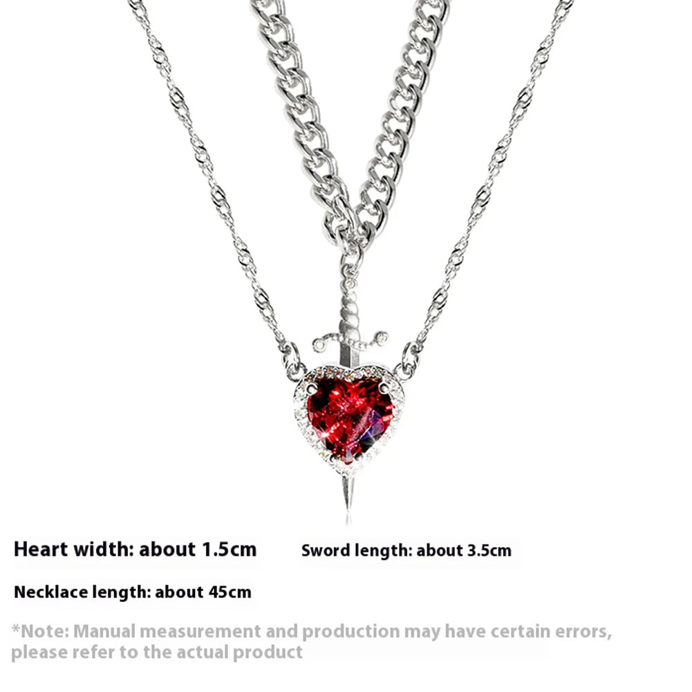 Heart and Sword Couples Necklace Heart Zirconia Chain Trendy Matching Sword Through Heart Necklace Set