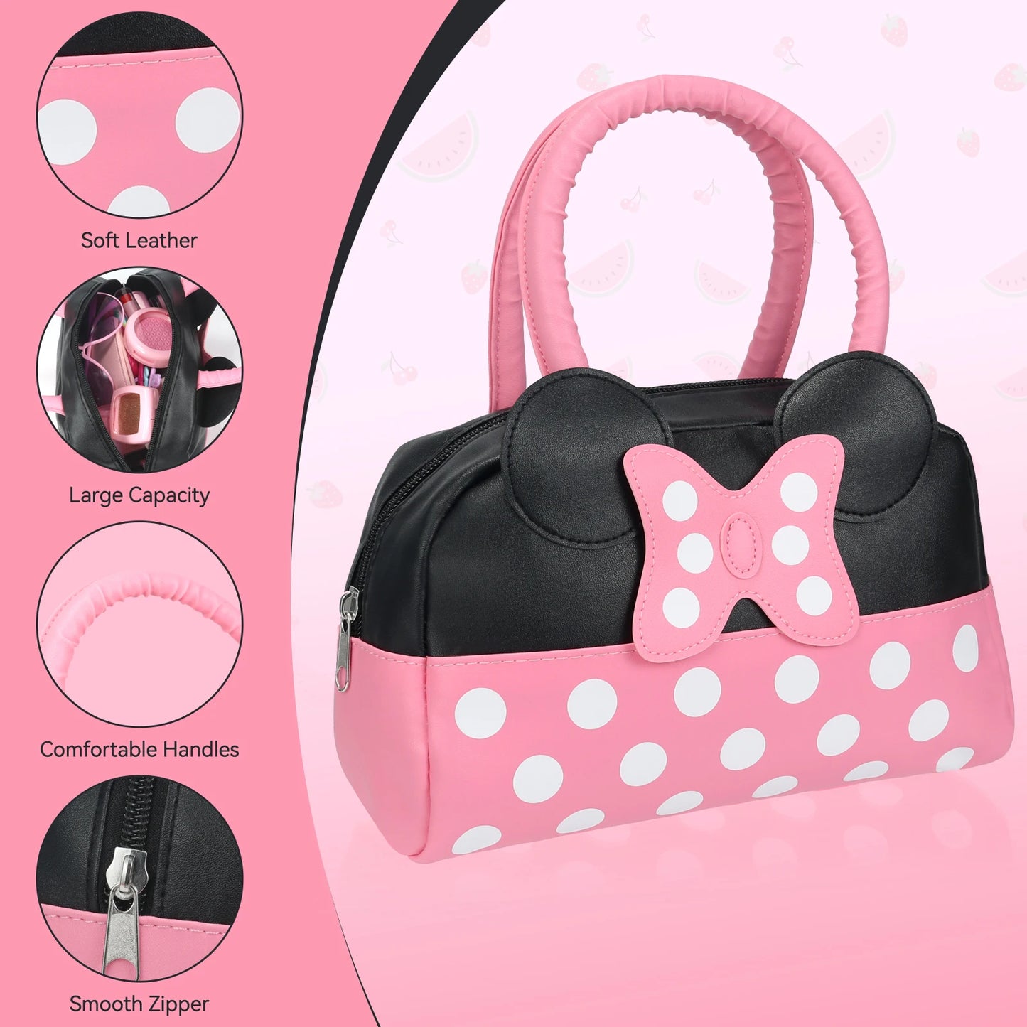 Girls Pretend Play Purse Toy Set | Polka Dot Bow Handbag with Makeup, Phone, Wallet & Accessories | Kids Role Play Gift